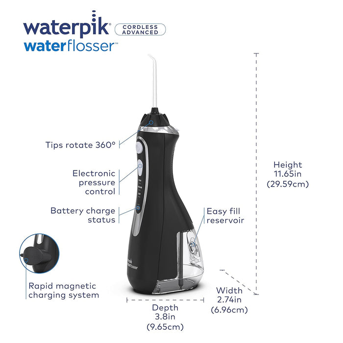 Waterpik Cordless Advanced Water Flosser For Teeth, Gums, Braces, Dental Care With Travel Bag and 4 Tips, ADA Accepted, Rechargeable, Portable, and Waterproof, Black WP-582